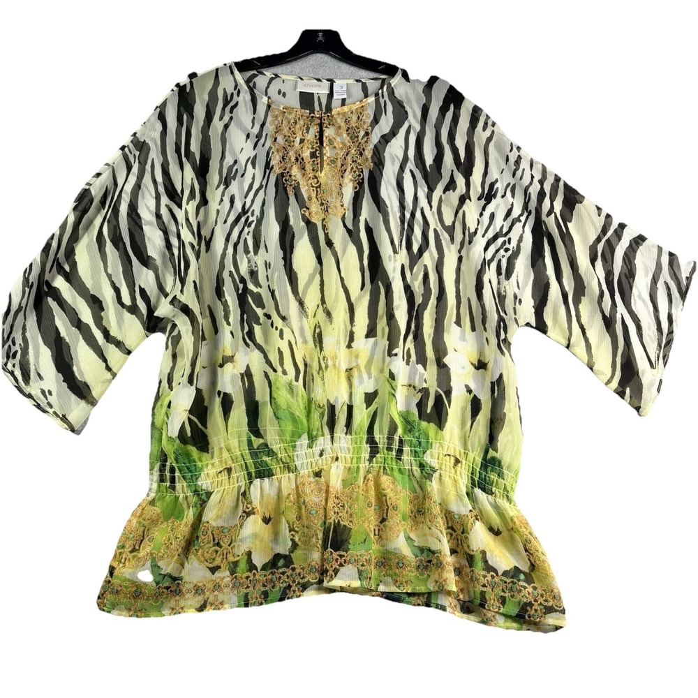 Chicos Sheer Animal Floral Top Women's 3 (XL) Blouse Bat Wing Zebra